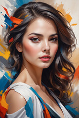 Beautiful woman in a digital painting portrait. Brush strokes create a colorful background with a fantasy art style and cinematic lighting.