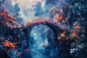 Experiment with color and texture to depict a whimsical scene of the celestial bridge adorned with asteroid flowers, with fantastical creatures and surreal elements adding to the enchanting atmosphere - obrazy, fototapety, plakaty