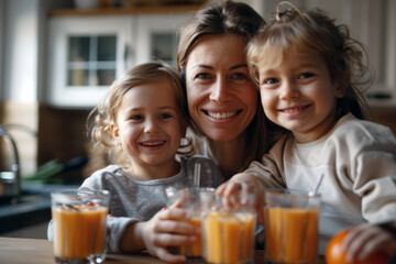 Mother and Kids Enjoying Orange Juice Together