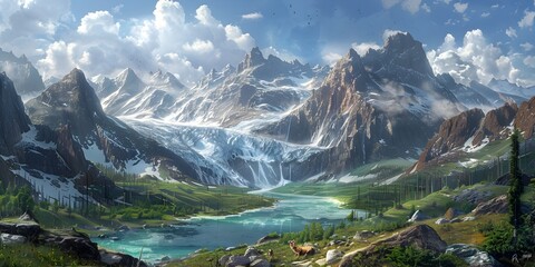 Majestic Glacial Landscape with Towering Mountains and Tranquil Lake
