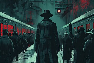 Amidst the chaos of a bustling train station, a mysterious figure in a trench coat blends into the crowd, keeping a watchful eye on the unsuspecting passengers. illustration . - obrazy, fototapety, plakaty