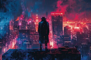 High above the city, on the rooftop of an abandoned building, a mysterious figure stands silhouetted against the neon lights of the skyline, his presence a harbinger of danger in a city. - obrazy, fototapety, plakaty