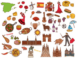 スペインの手書きイラスト(パエリア、アヒージョ、ヨーロッパ、旅行、文化、観光)