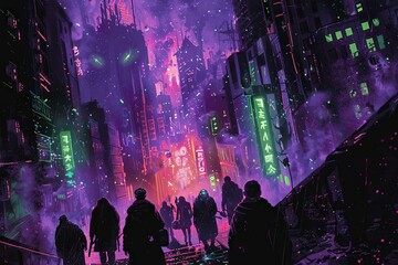 In the shadowy alleys of a neon-lit metropolis, a group of extraterrestrial visitors navigates the bustling streets. - obrazy, fototapety, plakaty