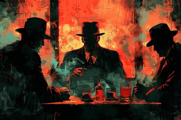 In the smoky haze of a dimly lit speakeasy, a shady deal goes down between rival gangsters, with betrayal lurking in the shadows and danger at every turn. - obrazy, fototapety, plakaty