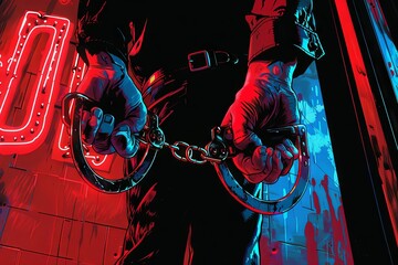 The glint of steel handcuffs reflects the harsh glow of a neon sign as a crooked cop tightens his grip on a hapless suspect, his badge tarnished and his morals long since compromised.