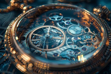 Fototapeta na wymiar Through the lens of a magnifying glass, the intricate gears of a pocket watch are revealed in all their mechanical splendor, each cog and wheel a testament to the craftsmanship of a bygone era.