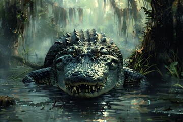 Within the depths of a murky swamp, a massive alligator lurks with silent menace, its fearsome jaws poised to snap shut with lethal precision at the first sign of prey. - obrazy, fototapety, plakaty