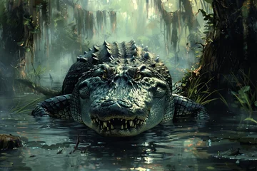 Foto op Aluminium Within the depths of a murky swamp, a massive alligator lurks with silent menace, its fearsome jaws poised to snap shut with lethal precision at the first sign of prey. © Izanbar MagicAI Art