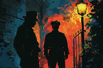 Under the harsh glow of a streetlamp, a grizzled cop interrogates a suspect in the back alleys of the city, his steely resolve unshaken as he seeks to extract the truth from a web of lies - obrazy, fototapety, plakaty