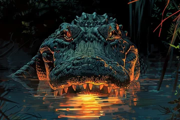 Foto op Aluminium Within the depths of a murky swamp, a massive alligator lurks with silent menace, its fearsome jaws poised to snap shut with lethal precision at the first sign of prey. © Izanbar MagicAI Art