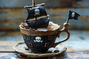 Small Black Pirate Ship in Coffee Cup