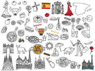 スペインの手書きイラスト(パエリア、アヒージョ、ヨーロッパ、旅行、文化、観光)