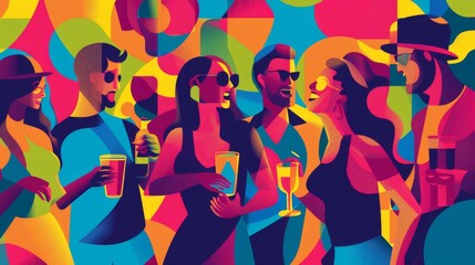 Fototapeta na wymiar Vibrant vector illustration portraying a group of friends enjoying a party together.