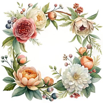 set of flowers. frame with flowers. floral frame of fantasy peonies, leaves and berries