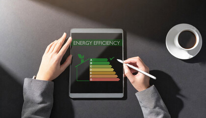 Energy efficiency application on tablet. Ecology and energy saving house concept. Home power rating
