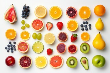 Display a variety of colorful fruits arranged in a visually appealing pattern . photo on white...
