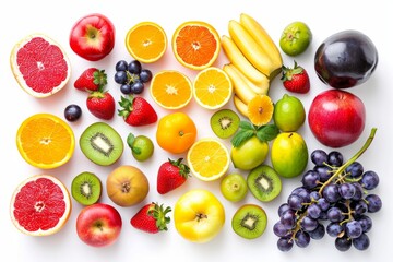 Display a variety of colorful fruits arranged in a visually appealing pattern . photo on white...