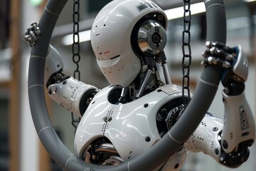 close-up of a futuristic robot suspended on chains