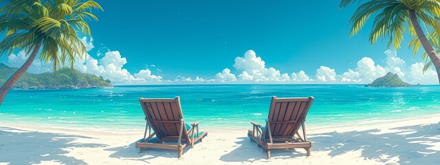 Two beach chairs on the white sand of an exotic tropical island with palm trees and a blue sea - obrazy, fototapety, plakaty