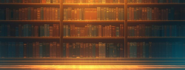 Vintage background with a stack of leatherbound books and blurred bookshelves in the dark library. 