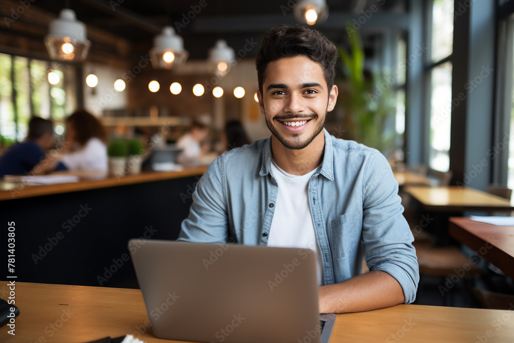 Aufkleber generative ai photo of smiling person working as a tutor from cafe distance lesson