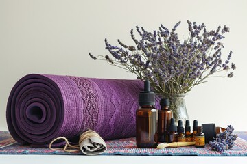 Display a yoga mat, essential oils, and a meditation pillow for a wellness-themed photo . photo on...