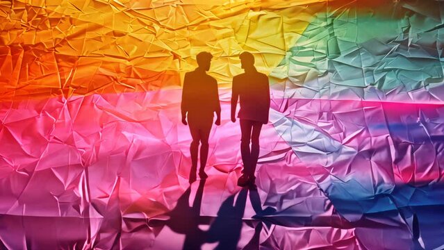 Silhouette of a couple holding hands over a textured rainbow-colored background