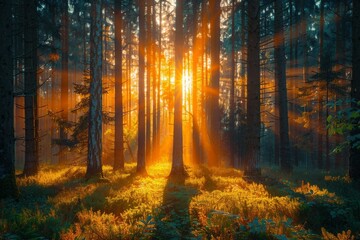 Obraz premium Sunbeams shining through trees in a lush forest at sunrise