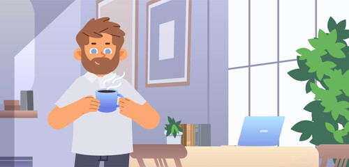 Man enjoying hot coffee in the office. short break from work. Vector illustration