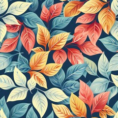 A colorful leafy pattern with blue, yellow, and red leaves