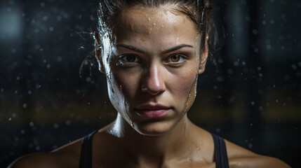 Portrait of young female boxer in dark, sweat on female fighter 