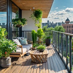 A sun-drenched balcony terrace with elegant wood deck flooring and a contemporary fence, enhanced by vibrant green potted flowers and lush foliage. The terrace boasts comfortable outdoor furniture arr