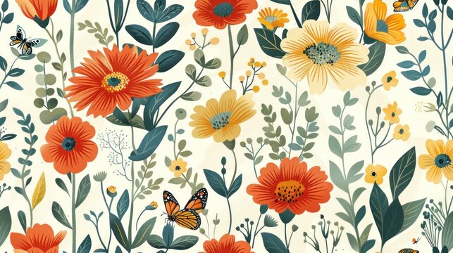 A colorful floral pattern with butterflies and flowers