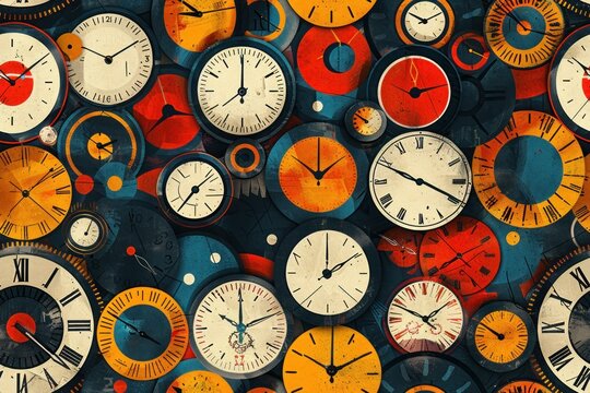 A colorful and abstract painting of many clocks with roman numerals