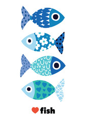 Cute retro colorful cartoon illustration with  fish on white background. Vector illustration set. - 781404602