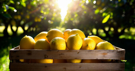 Wooden crate with lemons and citrus grove. Concept of bio agriculture and sustainable cultivation