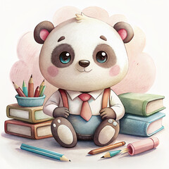 A  anthropomorphic panda, clad in a polka-dotted shirt and a red bow tie, sits atop a pile of...