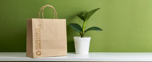 Recycled paper shopping bag on a white shelf, green background. Circular economy, recycling and reuse concept