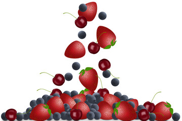 Fresh strawberries, cherries, blueberries fall into a pile isolated on a transparent background.