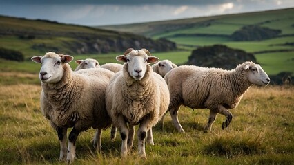 Obraz premium A herd of sheep standing on a grass field meadow. Beautiful wide lens pasture domestic animal lamb photography photo illustration concept. Ovis aries.