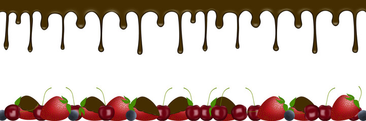 Fresh cherries, strawberries, blueberries are laid out below, chocolate drips flow down from above, decorations for the cake. Isolation on a transparent background. Web banner