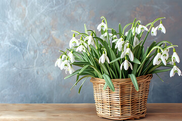 Basket with bouquet of wild snowdrops on wooden table against textured wall. Spring banner with first white flowers with copy space. The Day of Snowdrop concept. Floral background of new life concept.