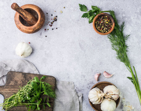 Fresh herbs, garlic and spices