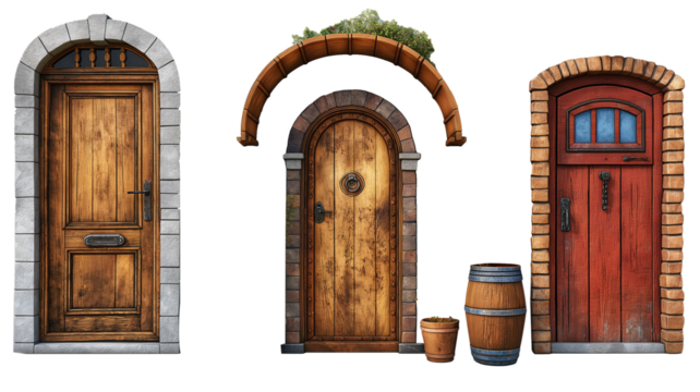 Vintage arched wooden door with iron hinges isolated on transparent background