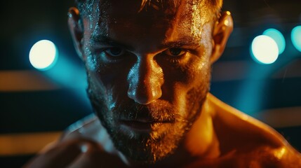Close and realistic look at a boxer's readiness, under the glow of the ring lights, exuding confidence and domination in 4k