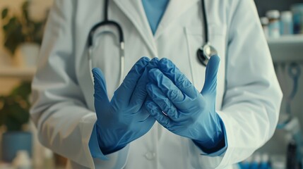 Close-up of a doctor donning sterile blue gloves, ready for examination, against a clinical backdrop, in 4k - obrazy, fototapety, plakaty