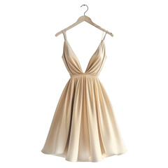 mockup of an elegant beige dress on a hanger with , set against a pure white backdrop.