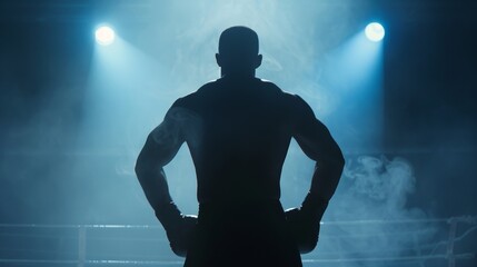 A boxer's silhouette stands ready in the spotlight, a symbol of power and preparation for victory, captured in vivid 4k - obrazy, fototapety, plakaty