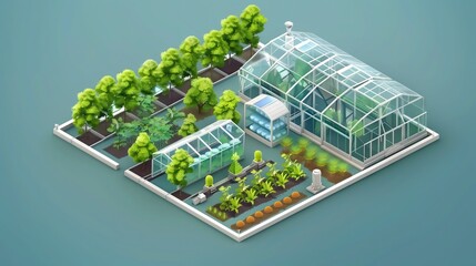 Isometric 3d illustration technology of agriculture and greenhouses